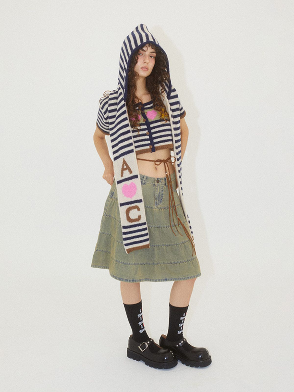 에즈이프 캘리(ASIF CALIE) CALIE HOODED LOGO STRIPE KNIT MUFFLER NAVY