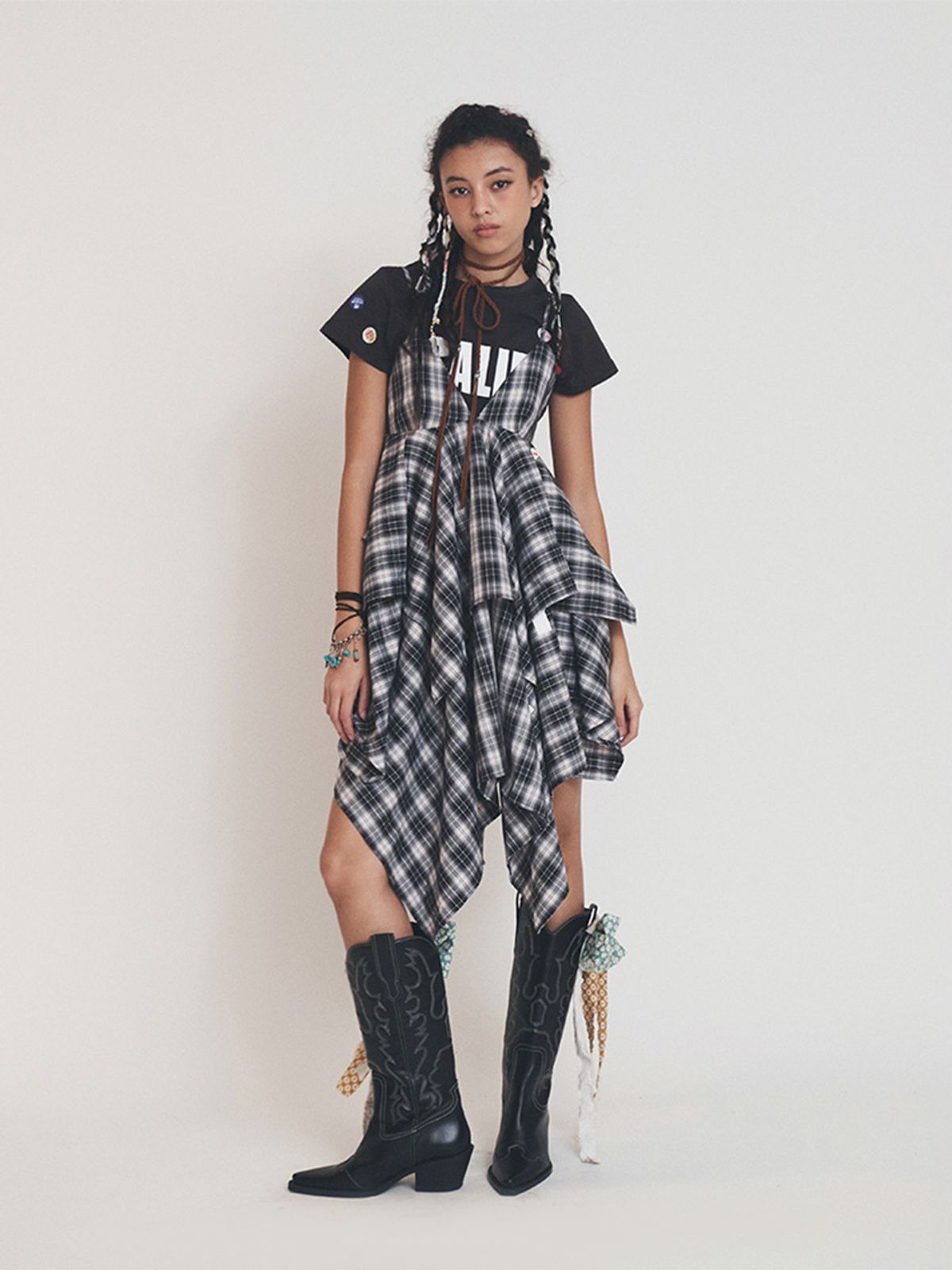 에즈이프 캘리(ASIF CALIE) GYPSY CHECK UNBALANCE DRESS BLACK