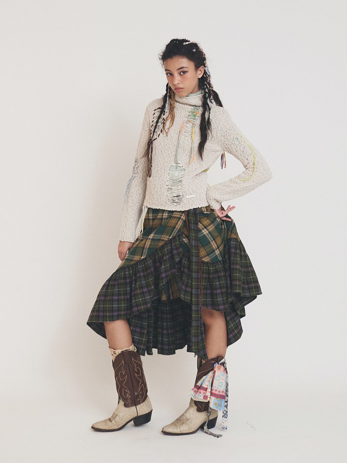 에즈이프 캘리(ASIF CALIE) MIX CHECK WRAP SKIRT KHAKI