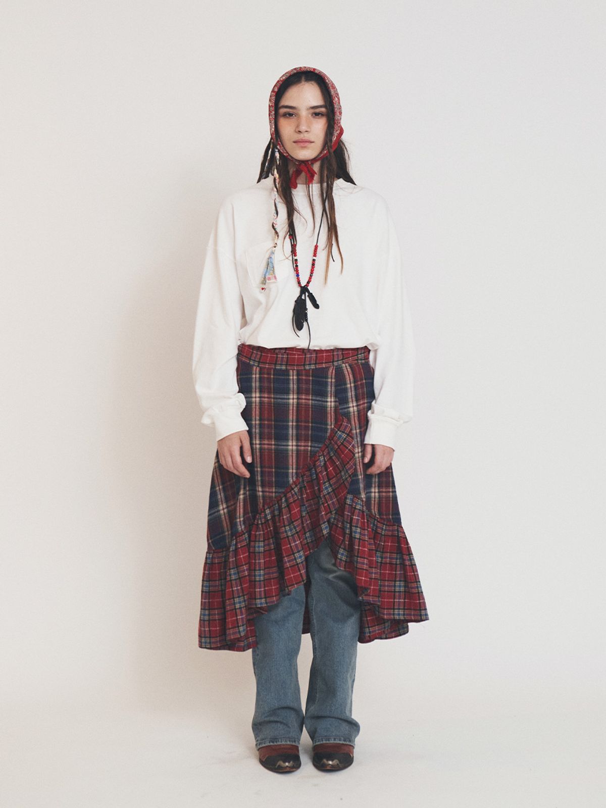 에즈이프 캘리(ASIF CALIE) MIX CHECK WRAP SKIRT RED