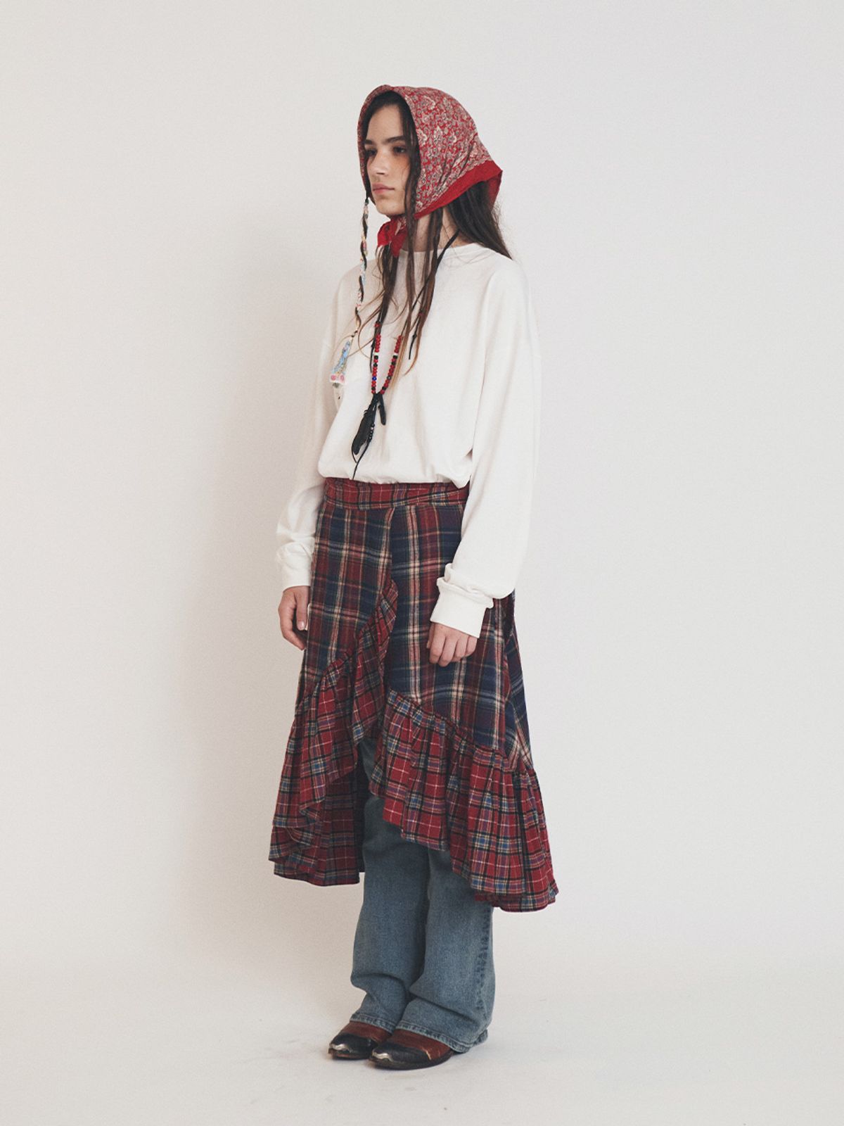 에즈이프 캘리(ASIF CALIE) MIX CHECK WRAP SKIRT RED