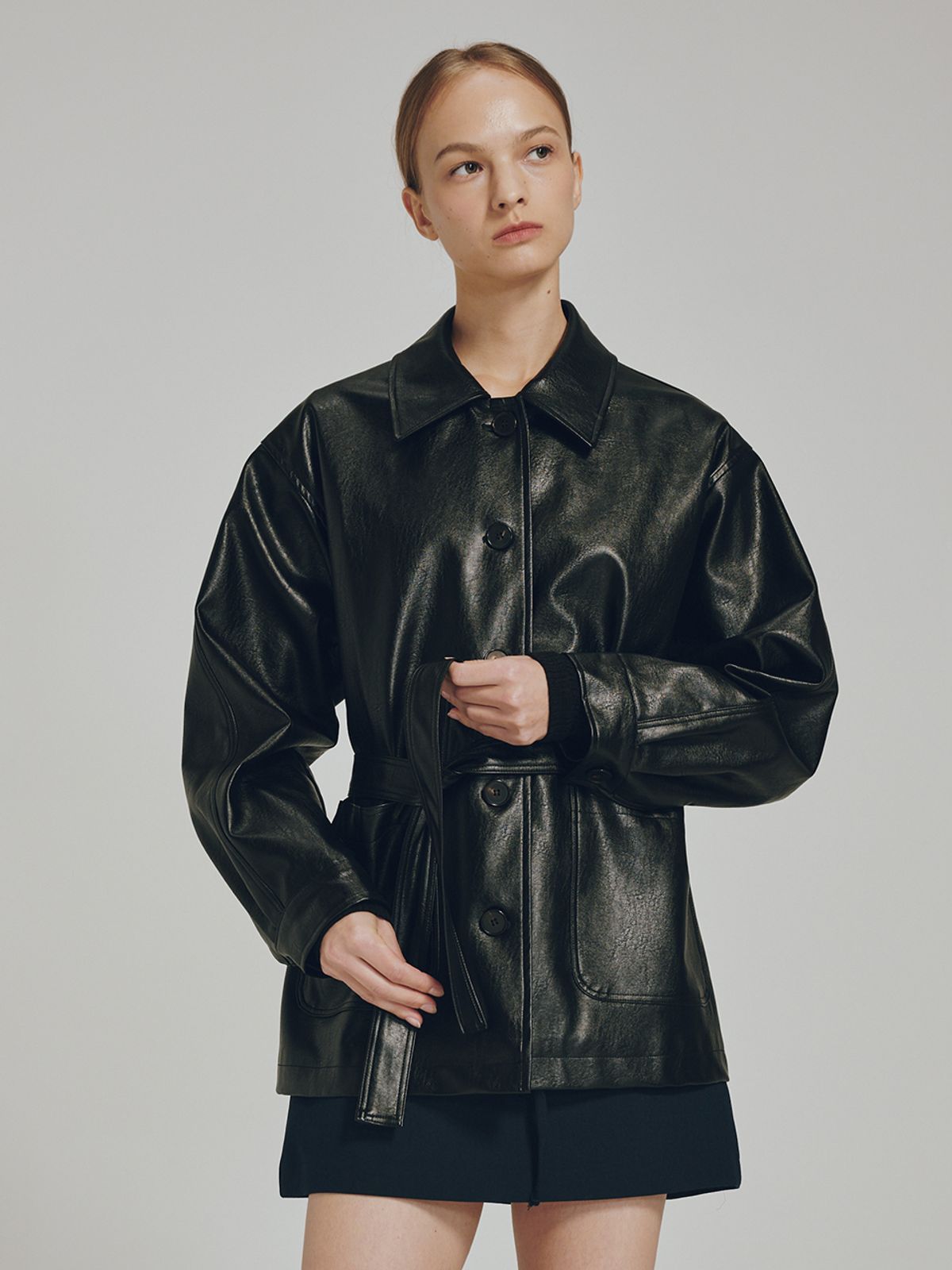 누브(NOUVE) 벨티드 레더 자켓 - 블랙 / Belted Leather Jacket - Black