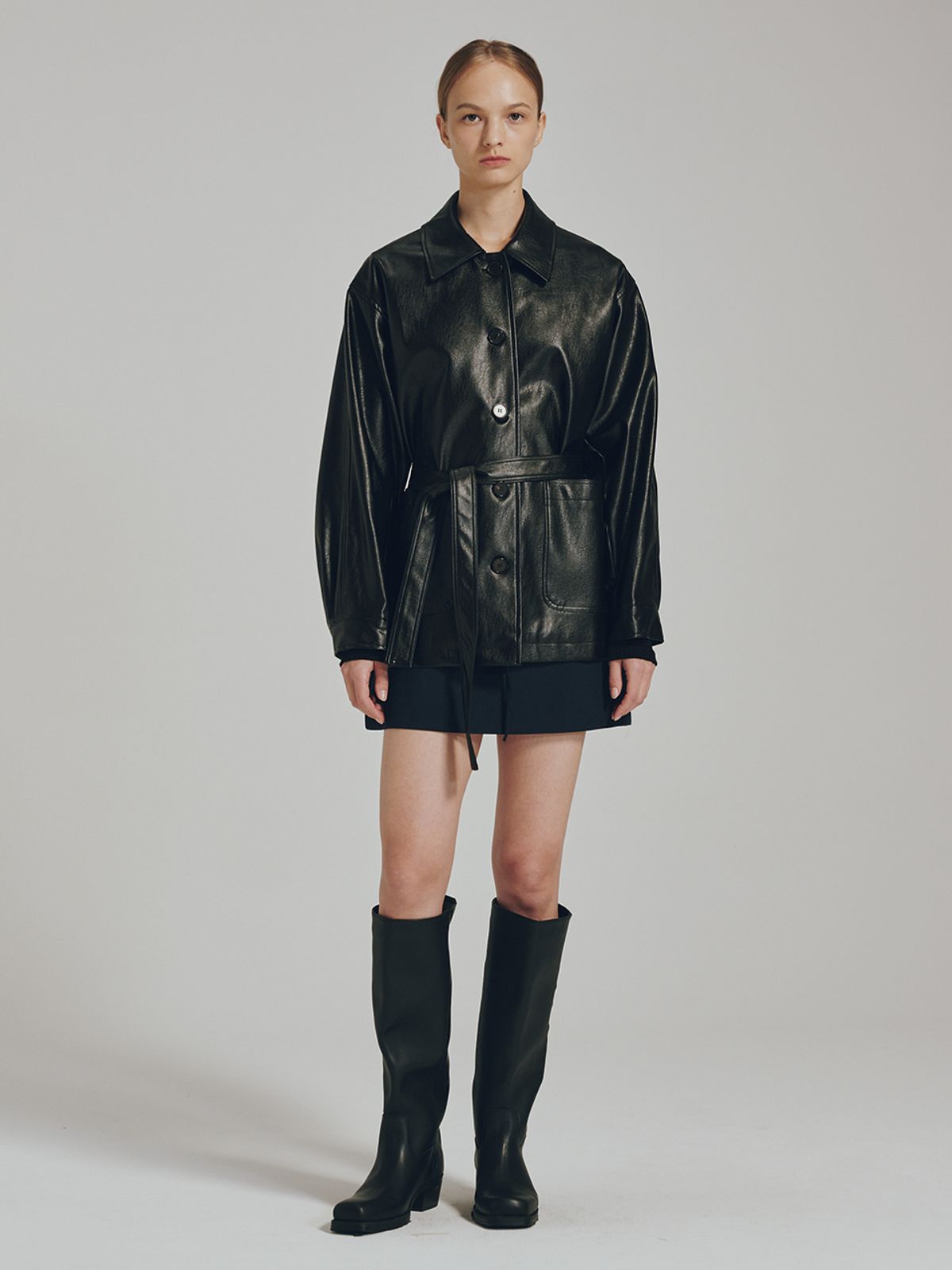 누브(NOUVE) 벨티드 레더 자켓 - 블랙 / Belted Leather Jacket - Black