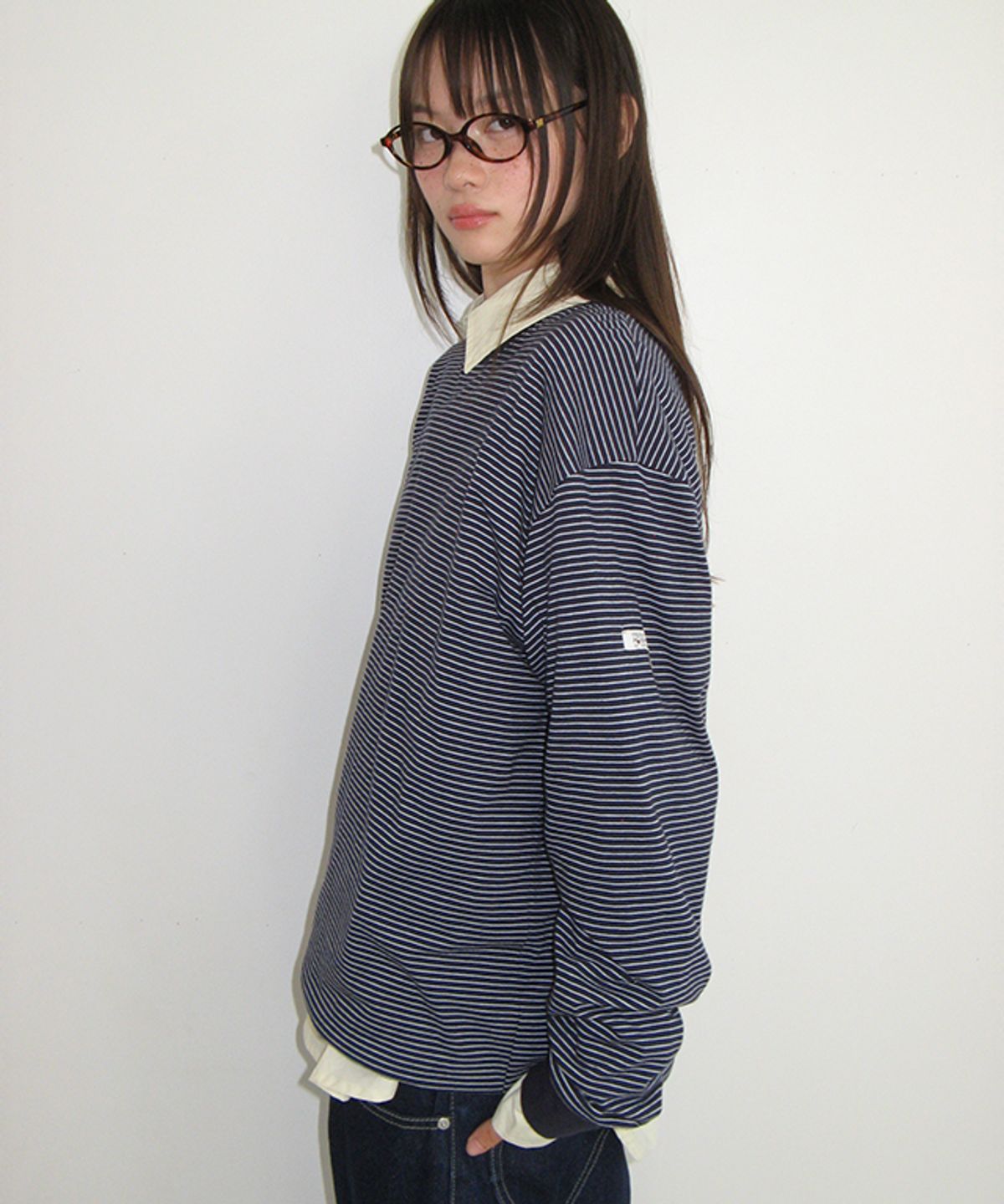 론론(RONRON) MULTI PATTERN HEART STRIPE LONG SLEEVE NAVY