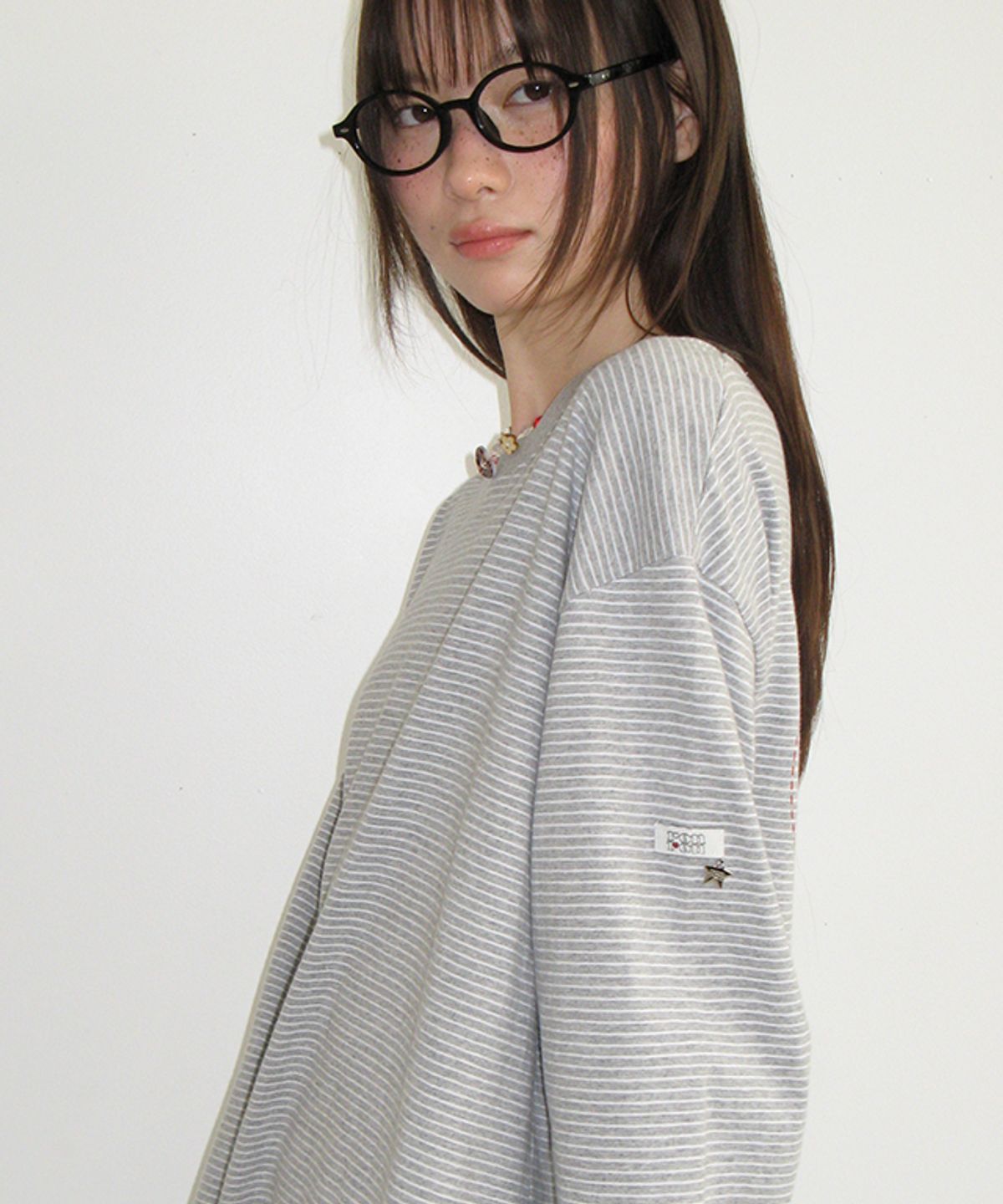 론론(RONRON) MULTI PATTERN HEART STRIPE LONG SLEEVE GREY