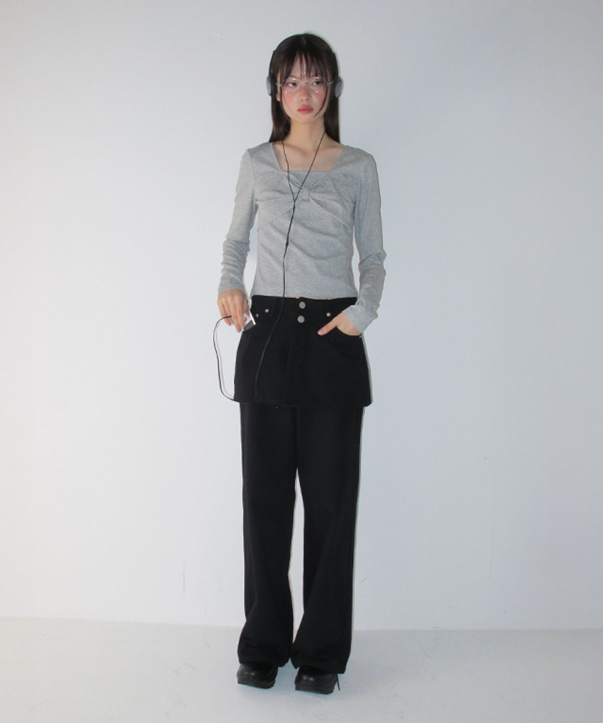 론론(RONRON) RIBBON KNOT SQUARE NECK LONG SLEEVE GREY