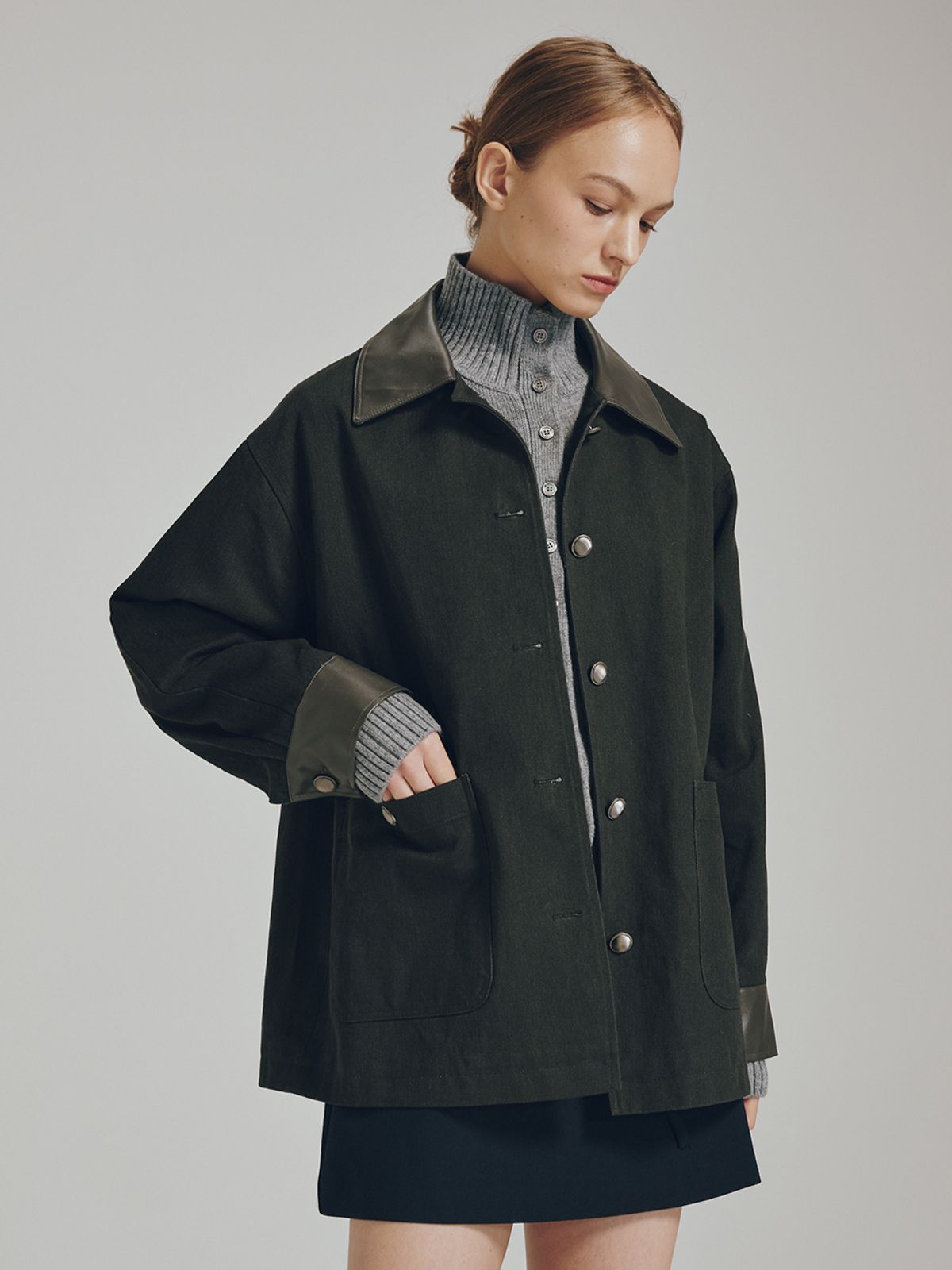 누브(NOUVE) 코튼 레더 워크 자켓 -  다크 그레이 / Cotton Leather Work Jacket - Dark Gray