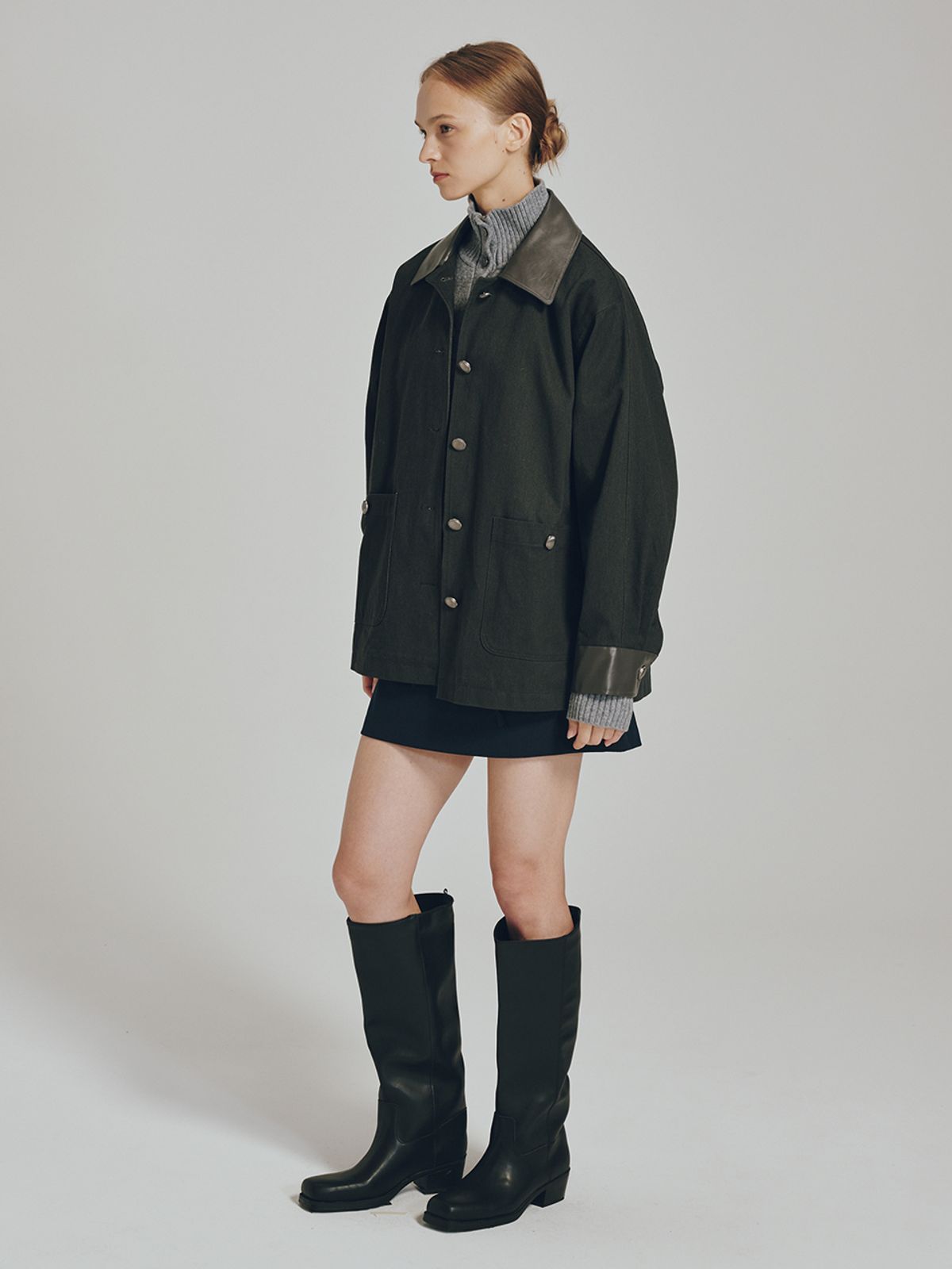 누브(NOUVE) 코튼 레더 워크 자켓 -  다크 그레이 / Cotton Leather Work Jacket - Dark Gray