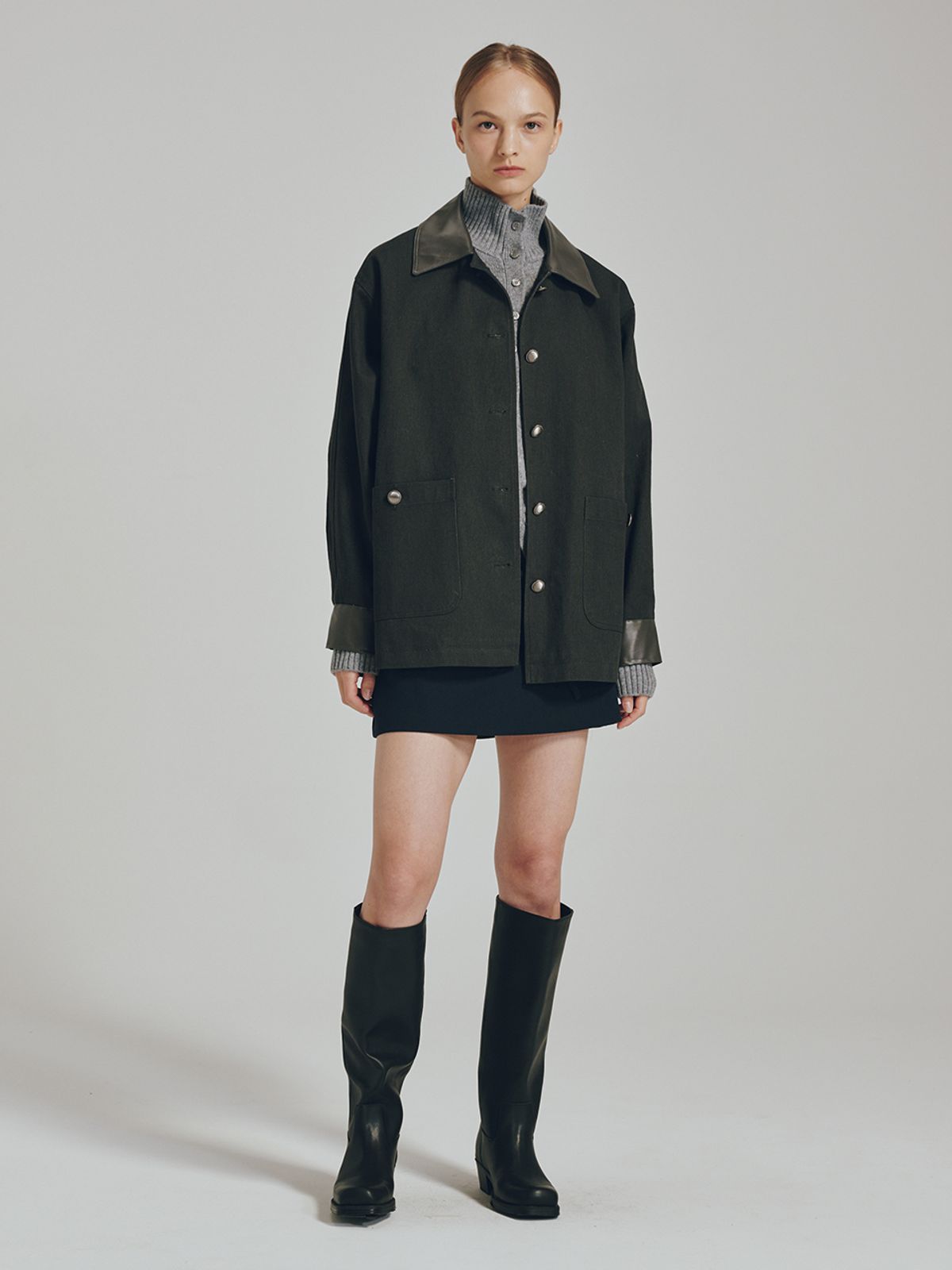 누브(NOUVE) 코튼 레더 워크 자켓 -  다크 그레이 / Cotton Leather Work Jacket - Dark Gray