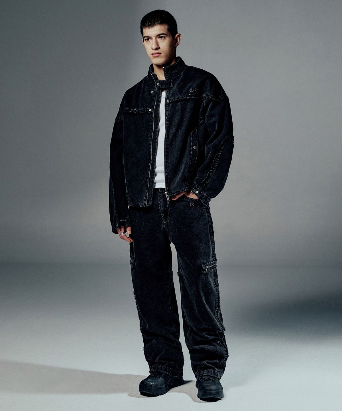 노매뉴얼(NOMANUAL) NO RELIGION DENIM RIDER JACKET - W.BLACK