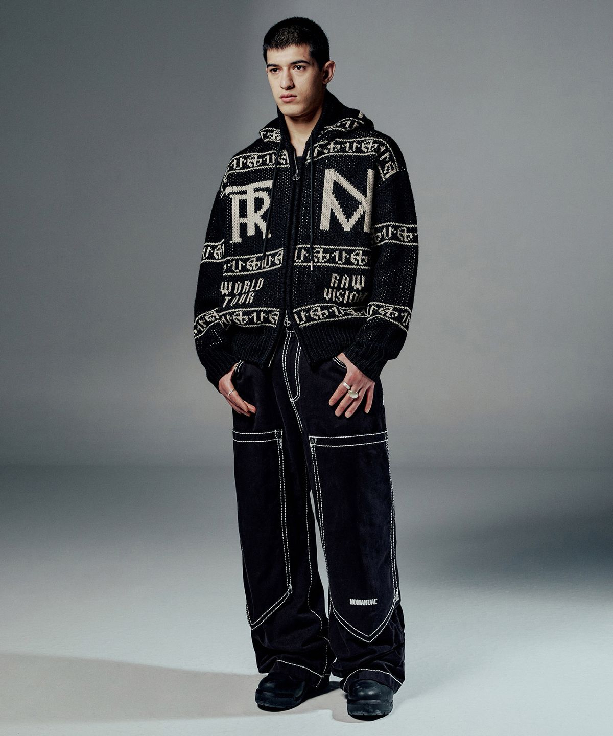 노매뉴얼(NOMANUAL) NO RELIGION DOUBLE KNEE PANTS - BLACK