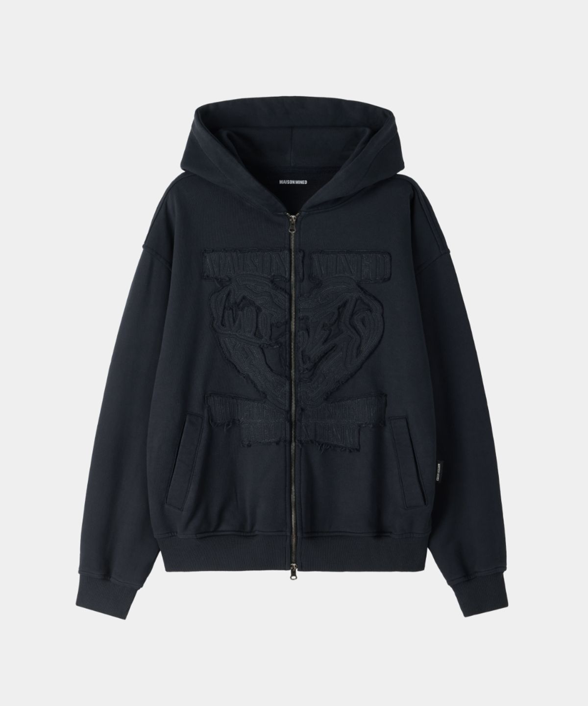 메종미네드(MAISON MINED) DOODLE HEART APPLIQUE HOOD ZIP UP NAVY