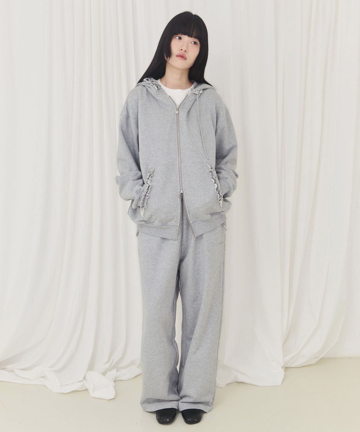 알키알카(ALKI ALKA) Frill Hoodie Zip-up (Gray)