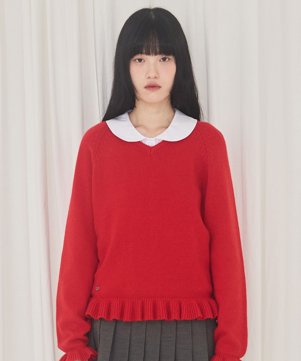 알키알카(ALKI ALKA) Round Collar Shirring Blouse (White)
