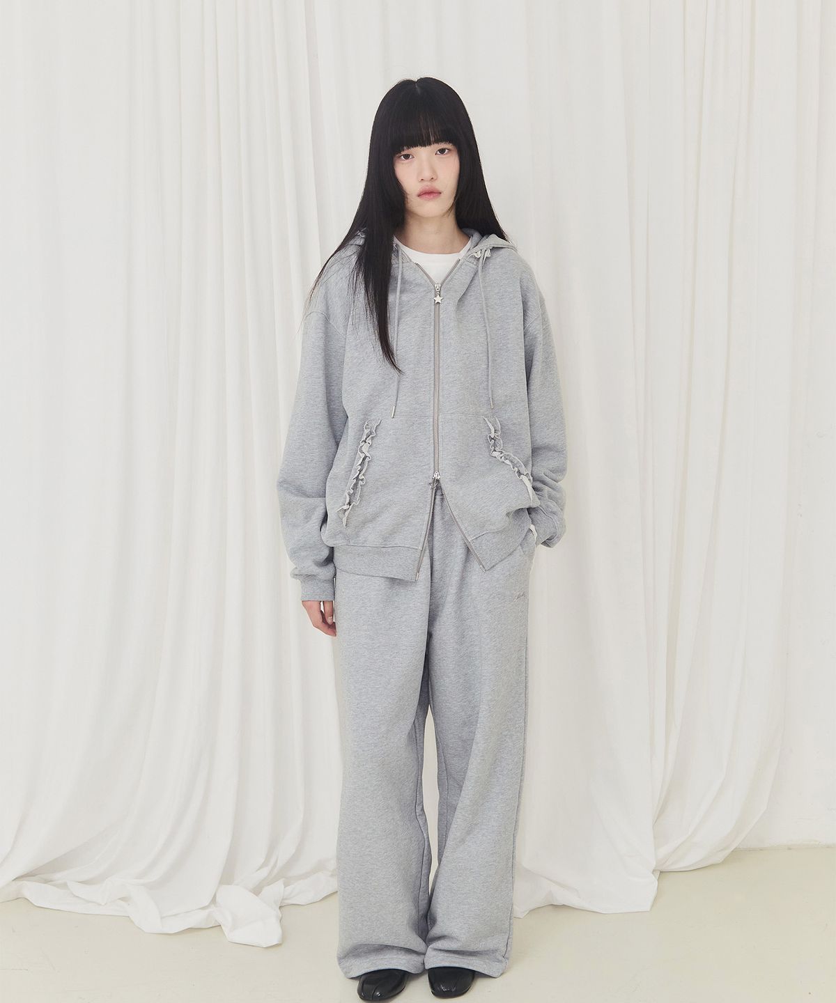 알키알카(ALKI ALKA) Frill Wide Pants (Gray)