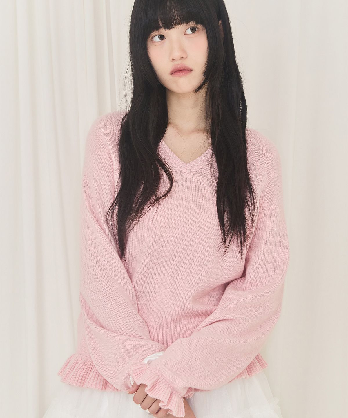 알키알카(ALKI ALKA) V-Neck Frill Knit (Light Pink)