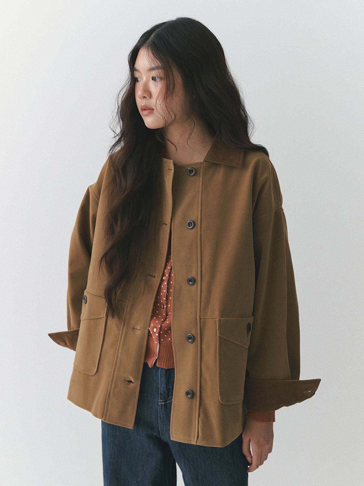 가니송(GANISONG) 카멜 스웨이드 하프 자켓_브라운