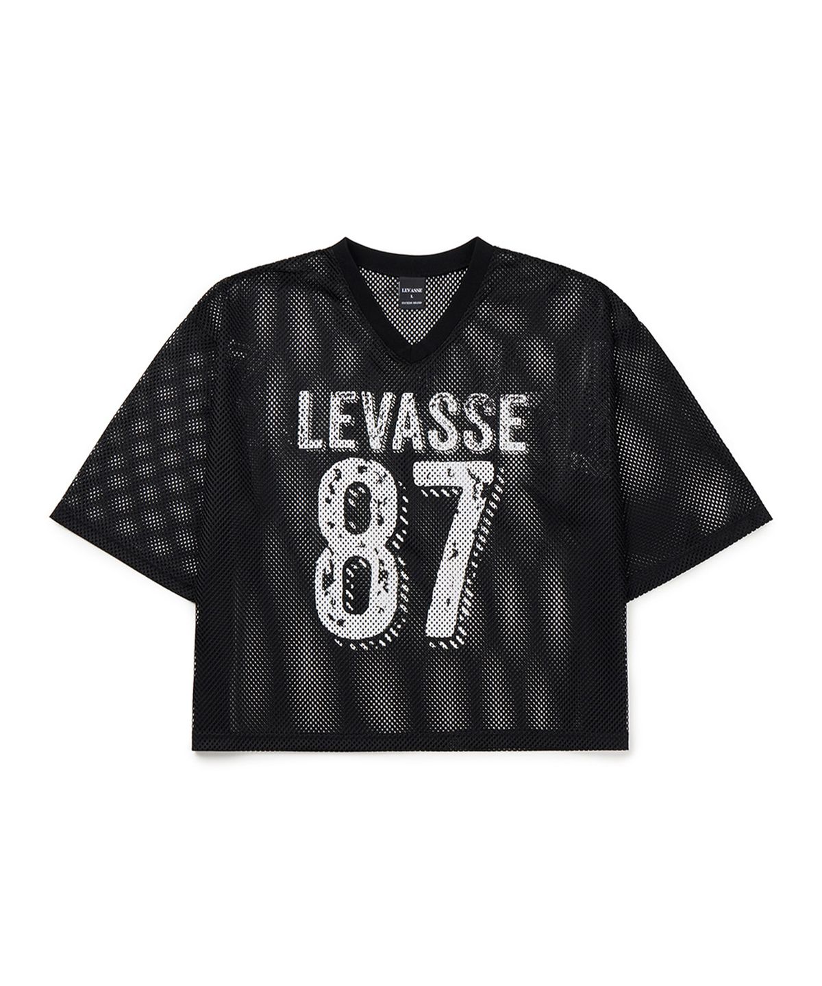 르바세(LEVASSE) 화이트로고 크롭 매쉬 저지 반팔_블랙