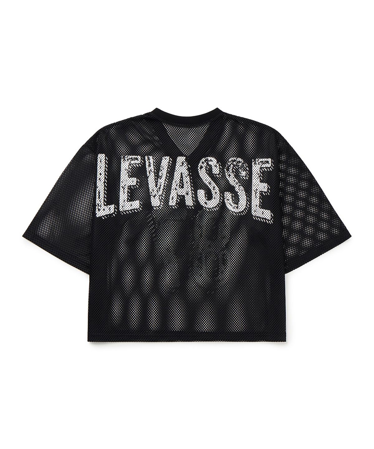 르바세(LEVASSE) 화이트로고 크롭 매쉬 저지 반팔_블랙
