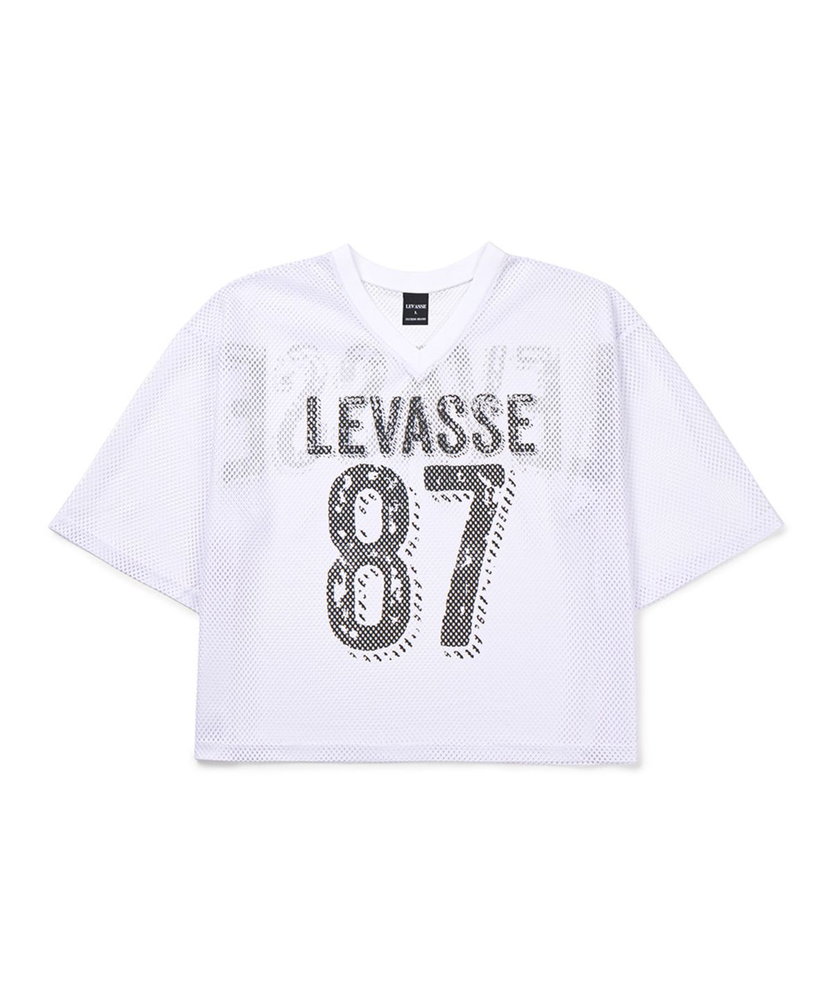 르바세(LEVASSE) 블랙로고 크롭 매쉬 저지 반팔_화이트