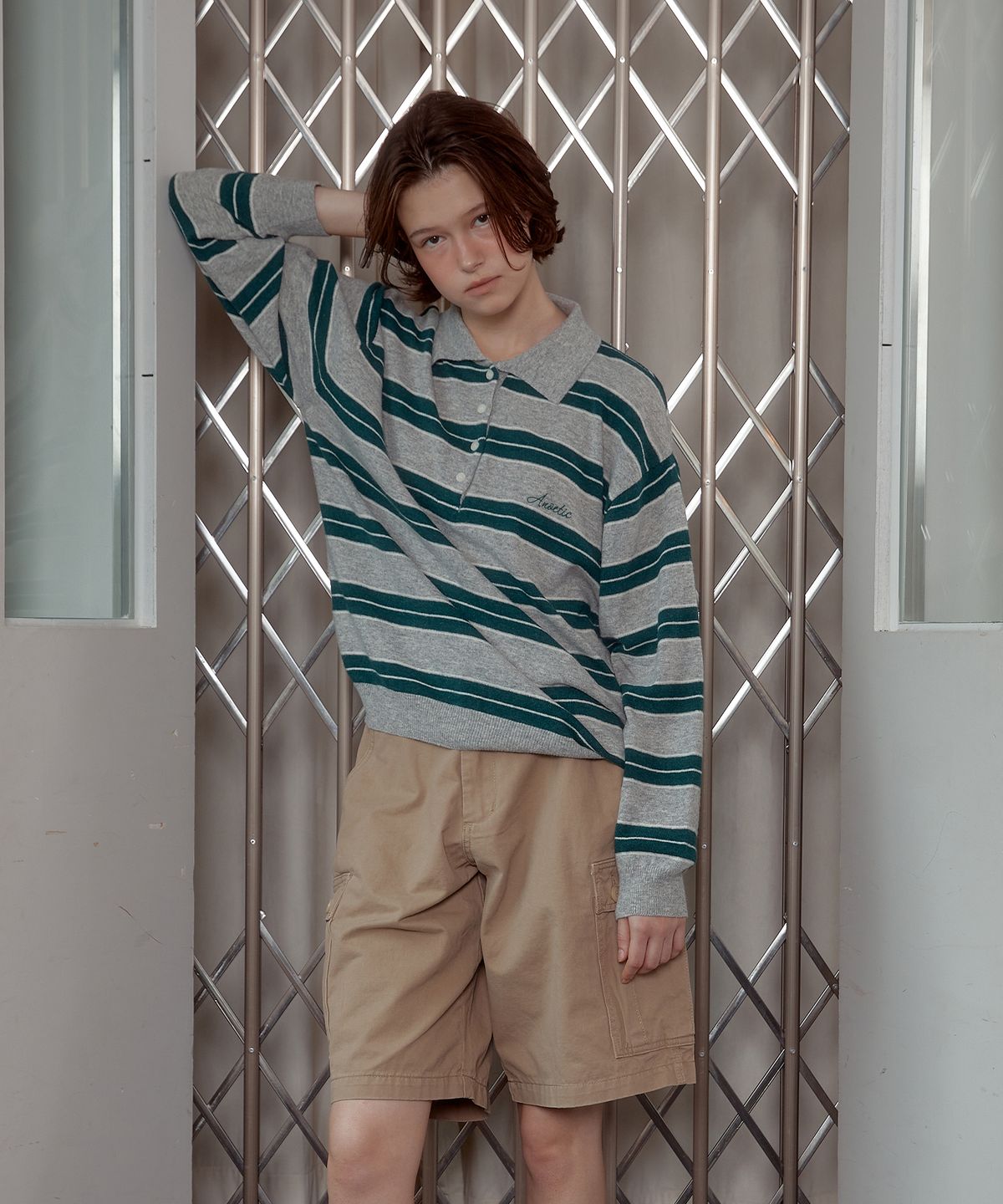 아노에틱(ANOETIC) ANC STRIPE COLLAR KNIT_GREY&GREEN