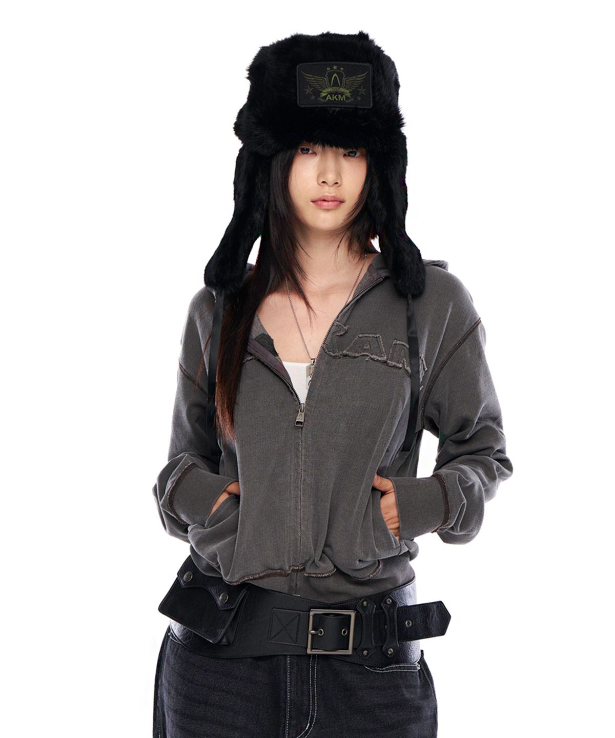 아캄(AAKAM) Logo Patch Zip-Up Hoodie (Black)