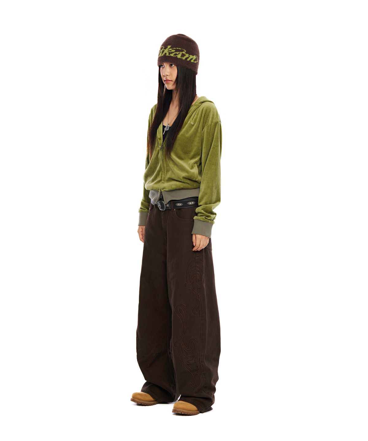 아캄(AAKAM) Rhinestone Velour Zip-Up Hoodie (Green)
