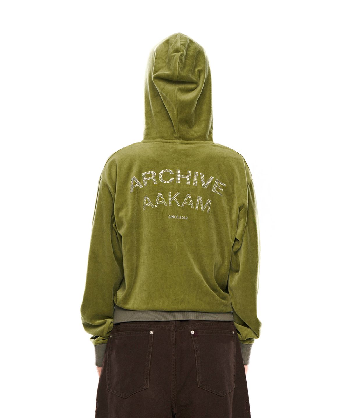 아캄(AAKAM) Rhinestone Velour Zip-Up Hoodie (Green)