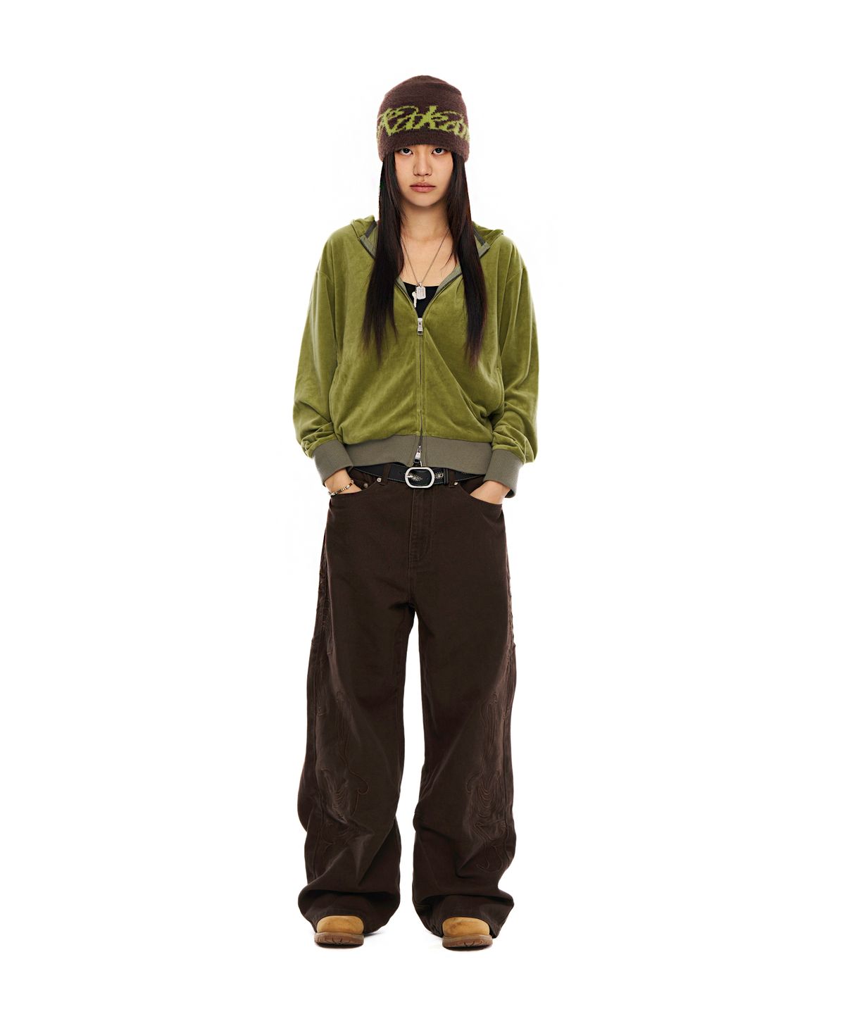 아캄(AAKAM) Rhinestone Velour Zip-Up Hoodie (Green)