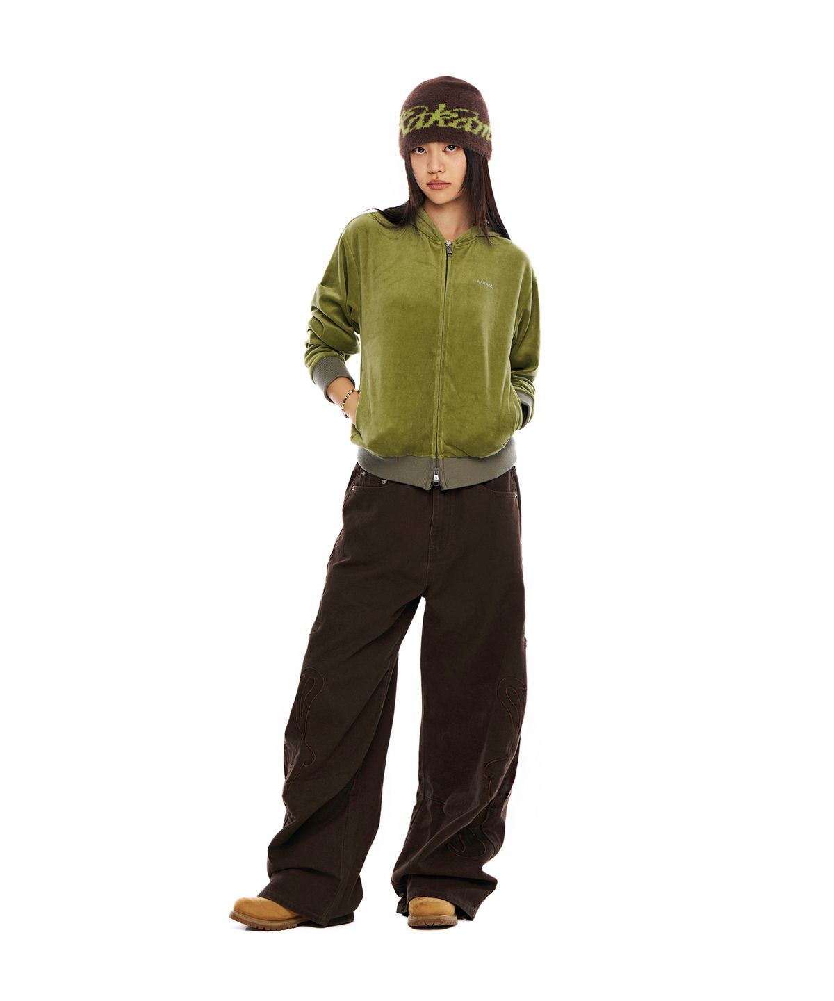 아캄(AAKAM) Rhinestone Velour Zip-Up Hoodie (Green)