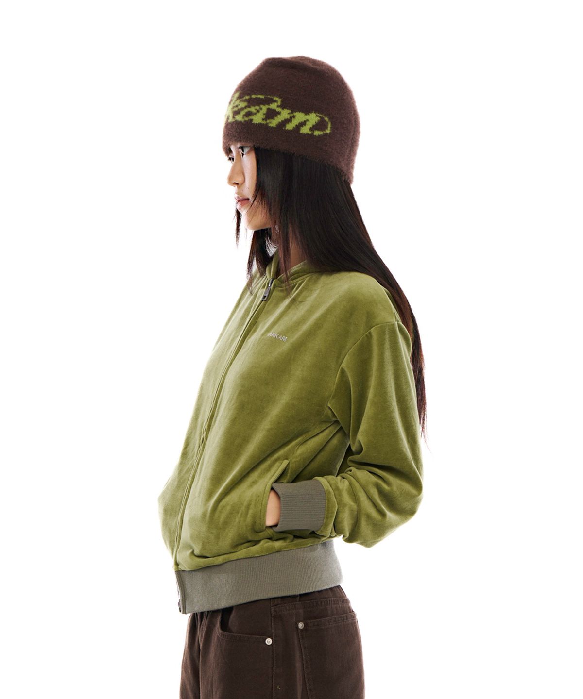 아캄(AAKAM) Rhinestone Velour Zip-Up Hoodie (Green)