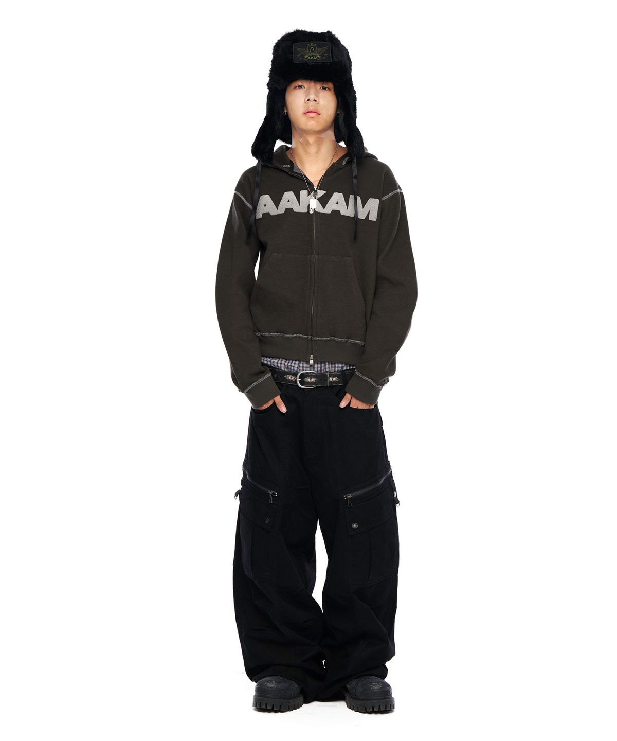 아캄(AAKAM) Boucle Logo Zip-Up Hoodie (Khaki)