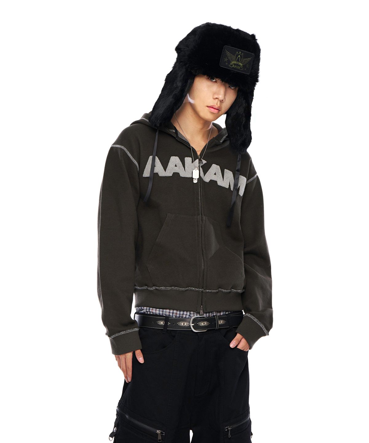 아캄(AAKAM) Boucle Logo Zip-Up Hoodie (Khaki)