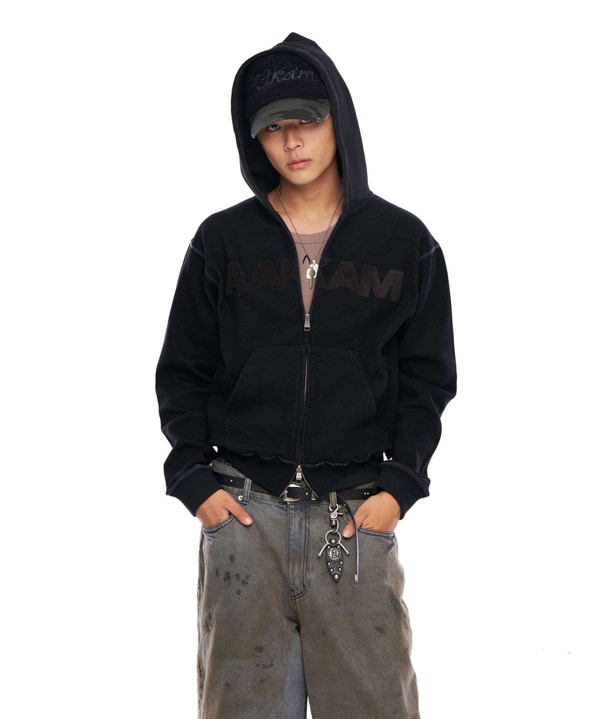 아캄(AAKAM) Boucle Logo Zip-Up Hoodie (Black)