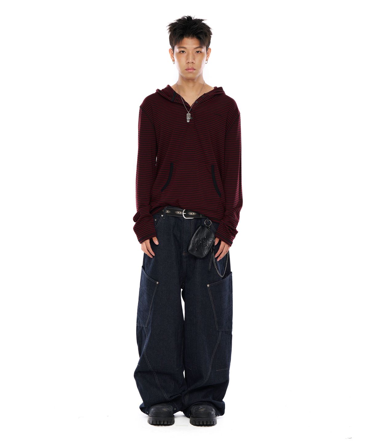 아캄(AAKAM) Striped Button Hoodie (Wine)