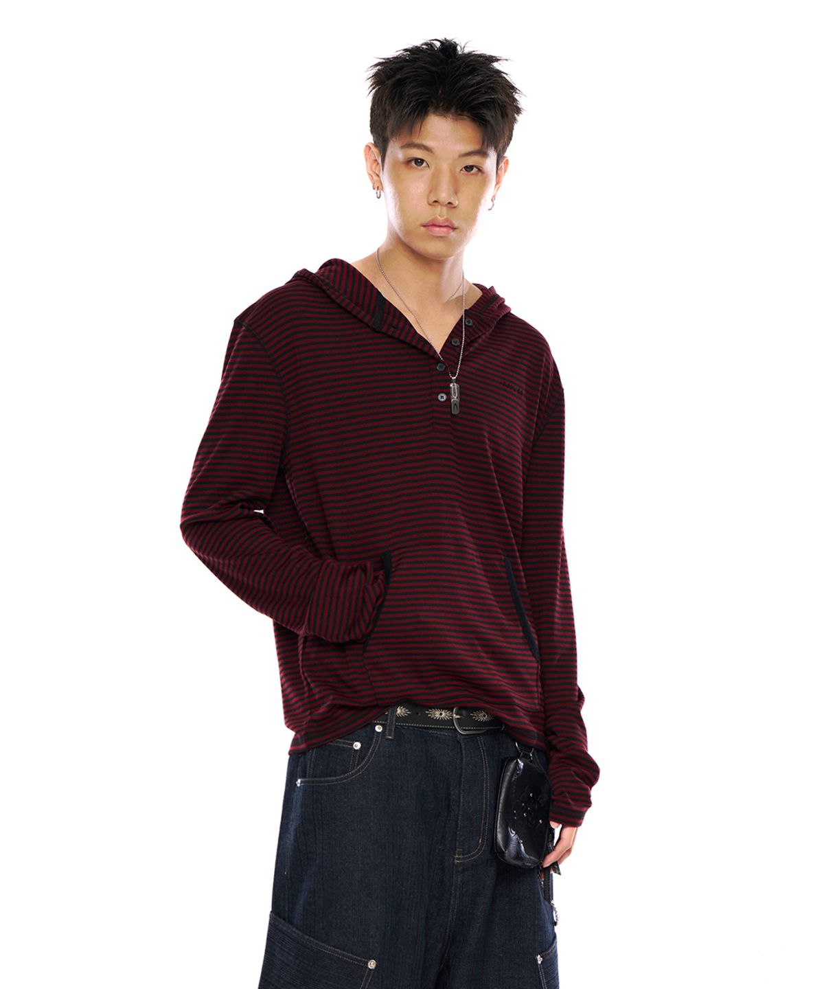 아캄(AAKAM) Striped Button Hoodie (Wine)