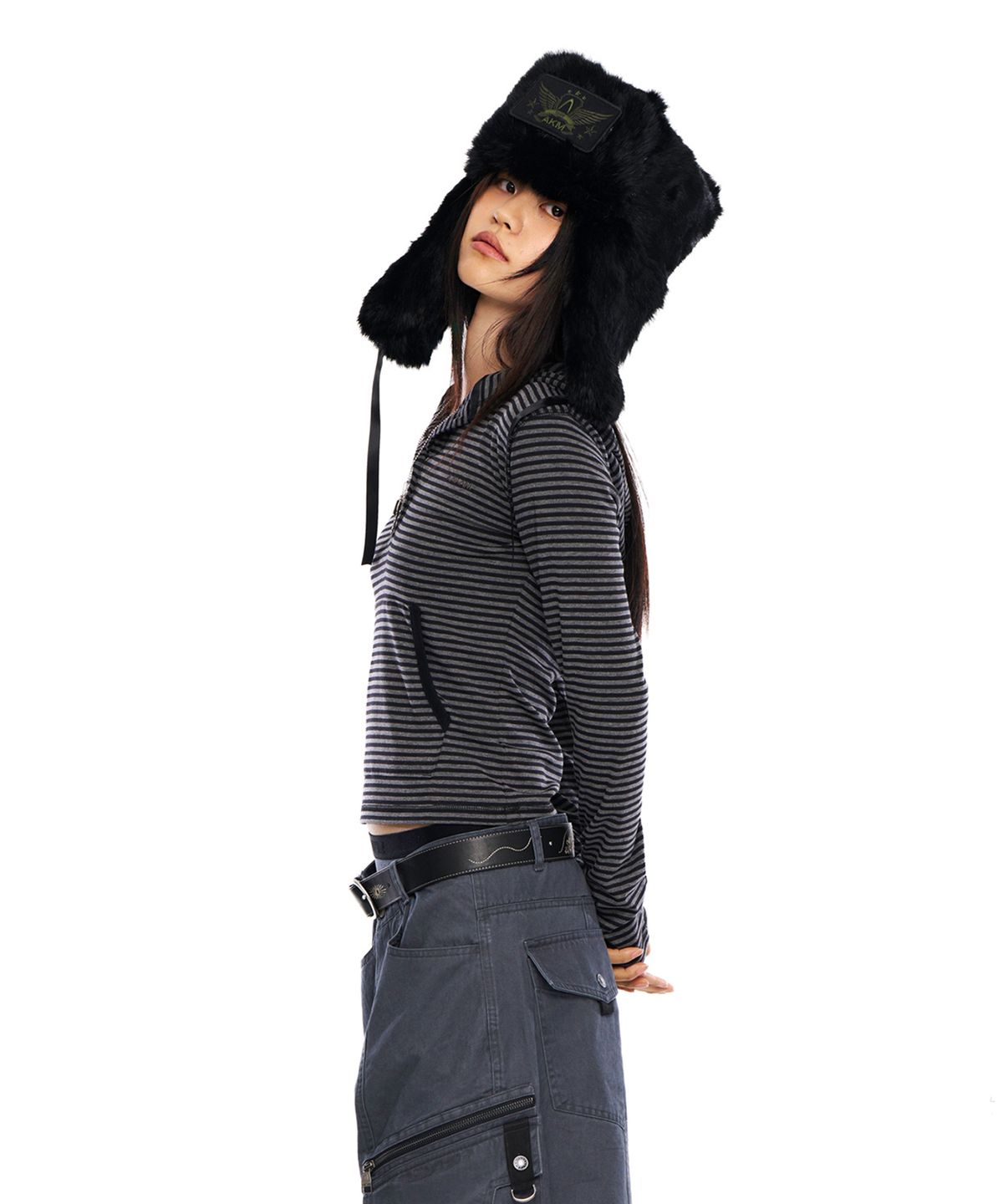 아캄(AAKAM) Striped Button Hoodie (Black)