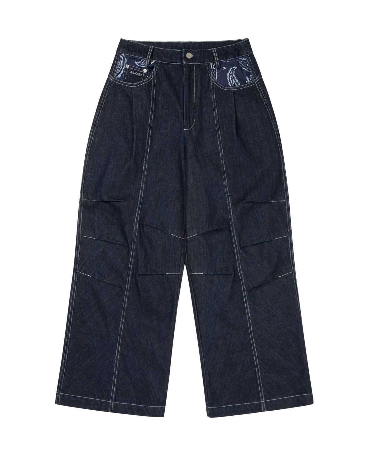 아캄(AAKAM) Knee Pin-Tuck Paisley Denim Pants (Blue)
