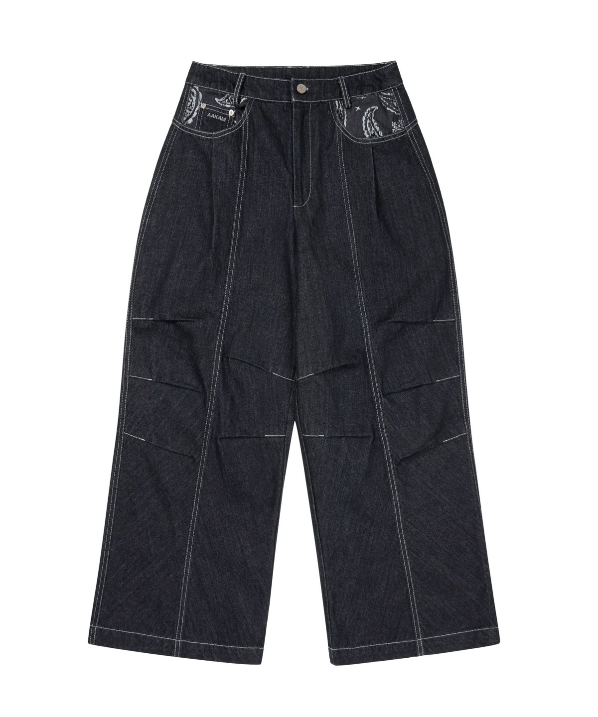 아캄(AAKAM) Knee Pin-Tuck Paisley Denim Pants (Black)