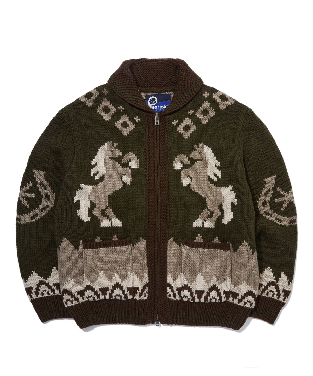 펜필드(PENFIELD) 빈티지 웨스턴 드로잉 코위찬 니트 집업 카키_FR4KJ03U