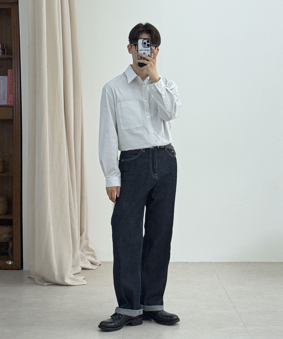 율러(EULER) 라인 크롭 스트라이프 셔츠 - 화이트/그레이