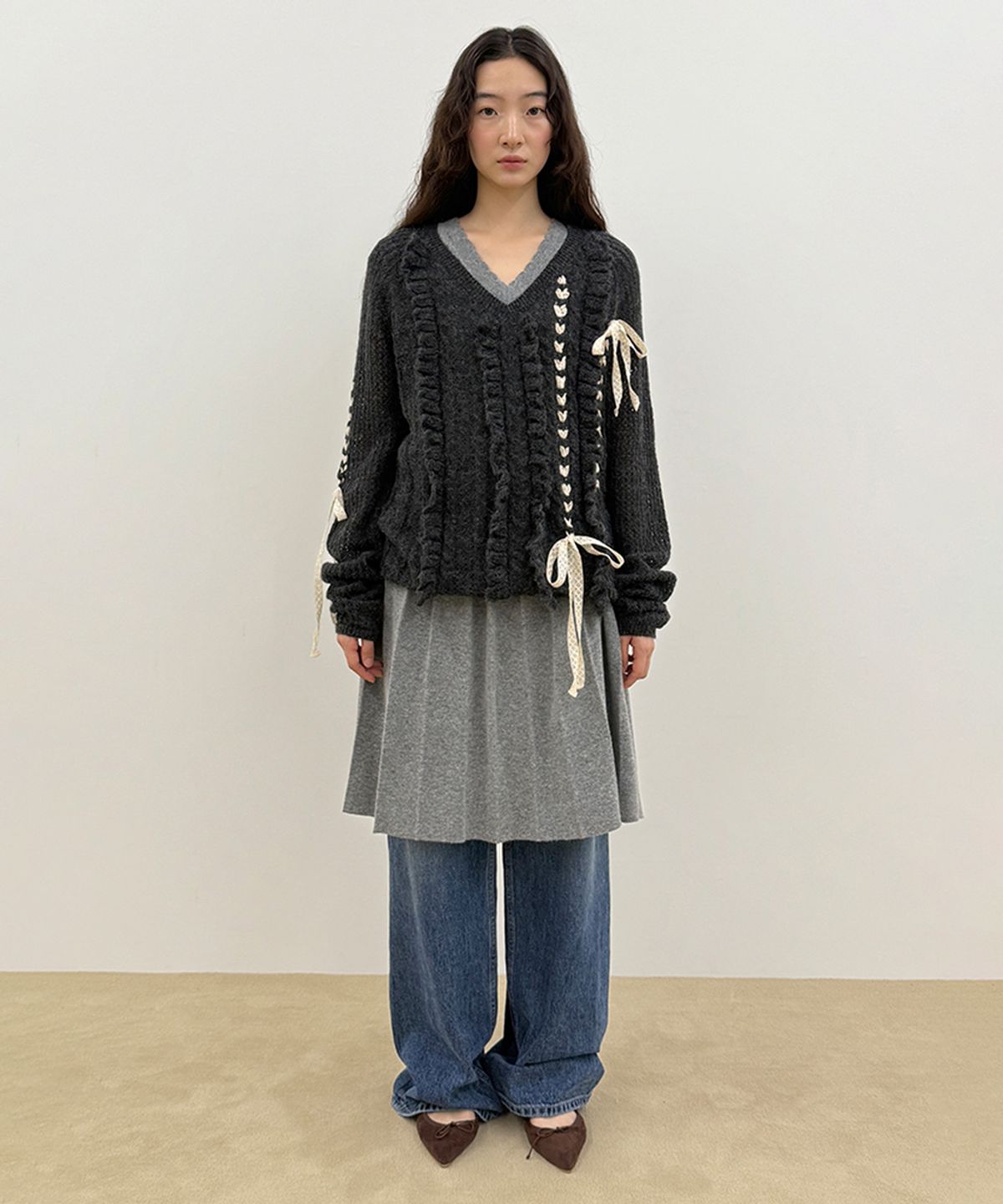 시눈(SINOON) Wool-Blend Pleated Knit Dress (Grey)