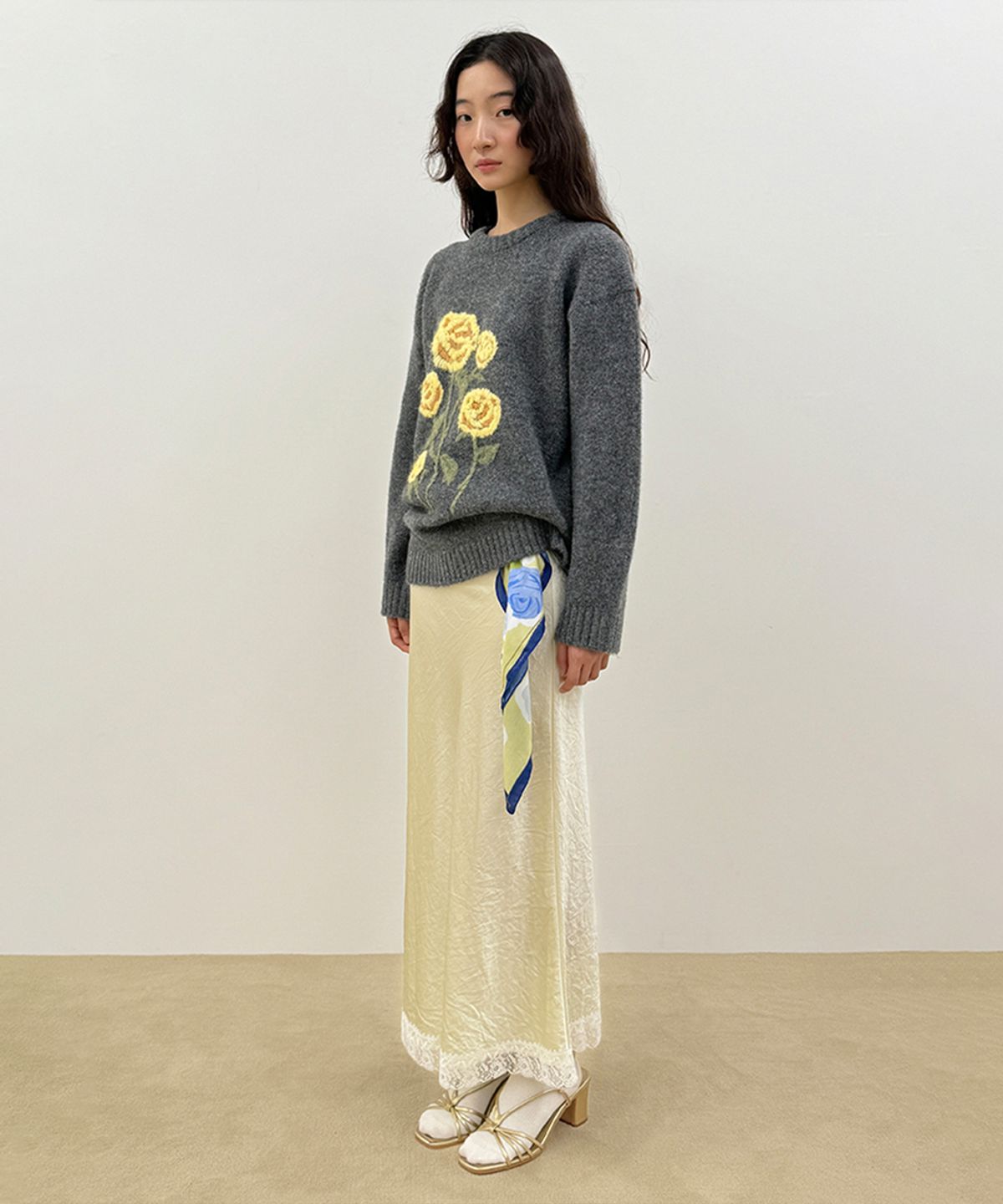 시눈(SINOON) Satin Lace Long Skirt (Cream)