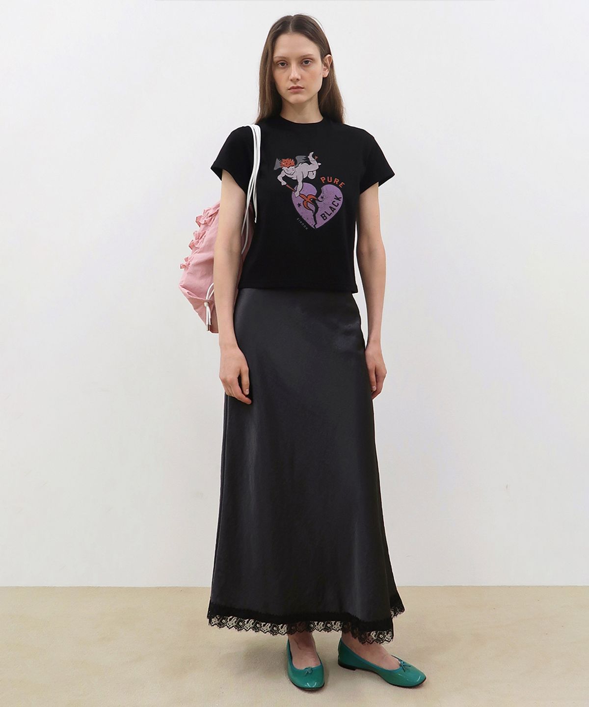 시눈(SINOON) Satin Lace Long Skirt (Charcoal)