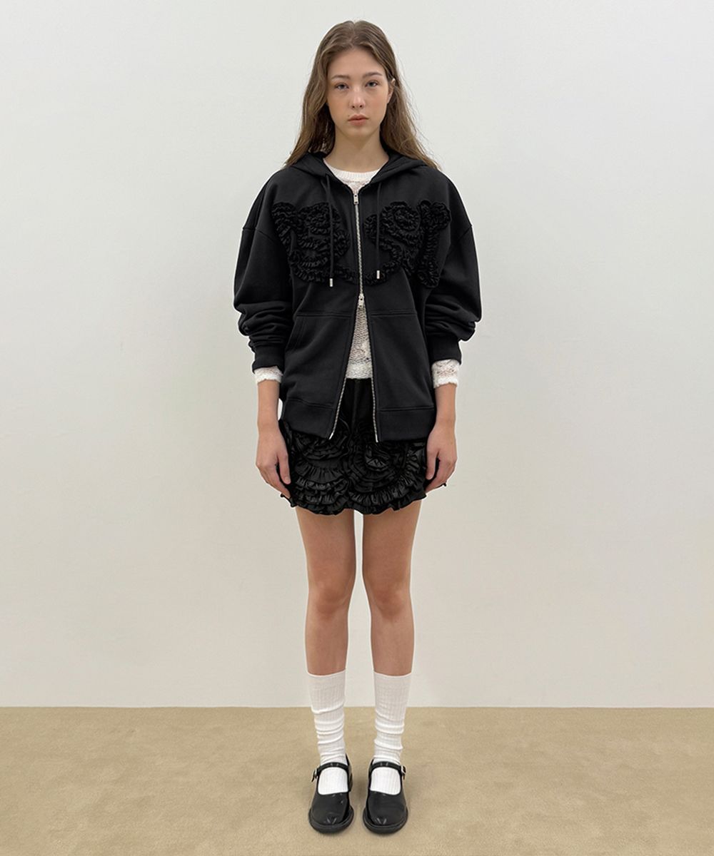 MUSINSA | SINOON Rose Frill Oversized-Fit Hooded Zip-Up (Black)