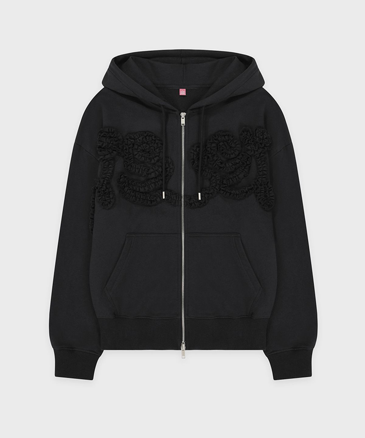 시눈(SINOON) Rose Frill Oversized-Fit Hooded Zip-Up (Black)