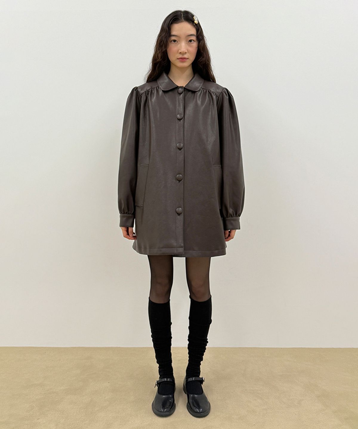 시눈(SINOON) Shirring Leather Jacket (Brown)