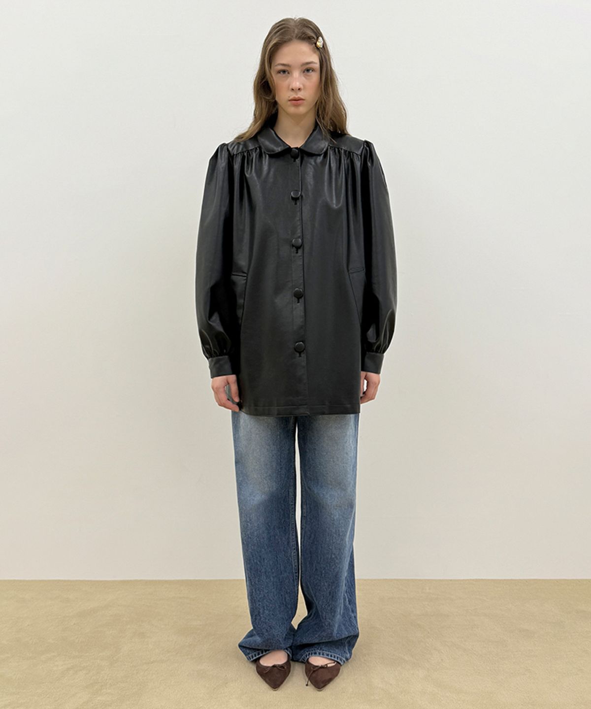 시눈(SINOON) Shirring Leather Jacket (Black)