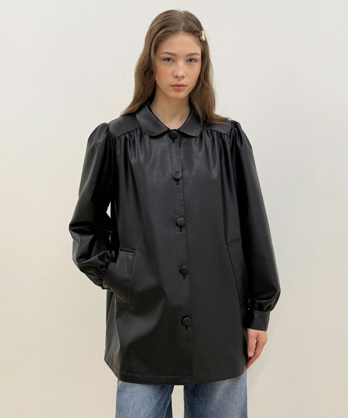 시눈(SINOON) Shirring Leather Jacket (Black)