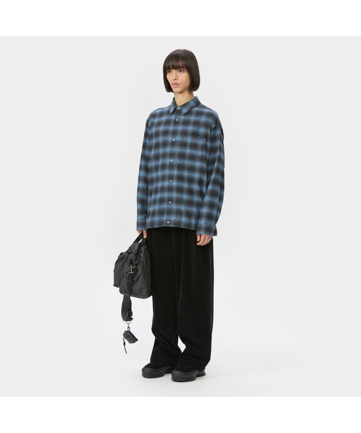 커스텀멜로우(CUSTOMELLOW) Blue Oversized Fit String Check Shirt CWSAW25132BUX
